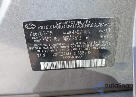 2016 Hyundai Sonata Se from USA, damaged, VIN 5NPE24AF6GH358792